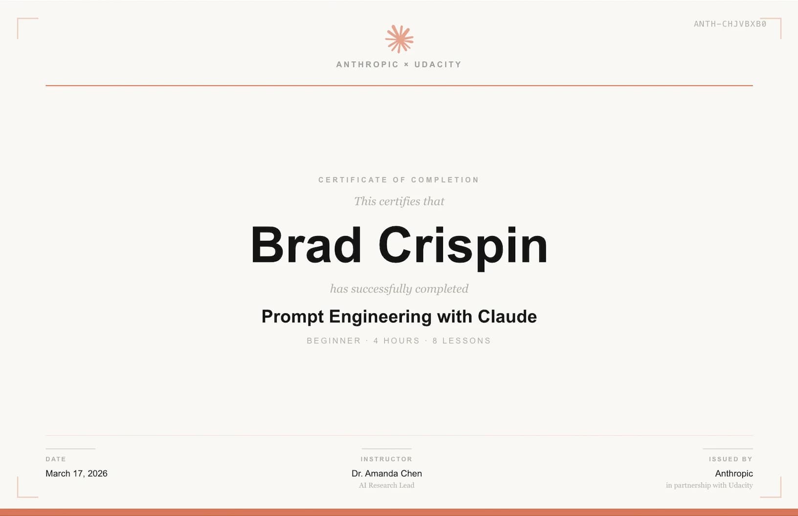 Anthropic × Udacity Certificate of Completion