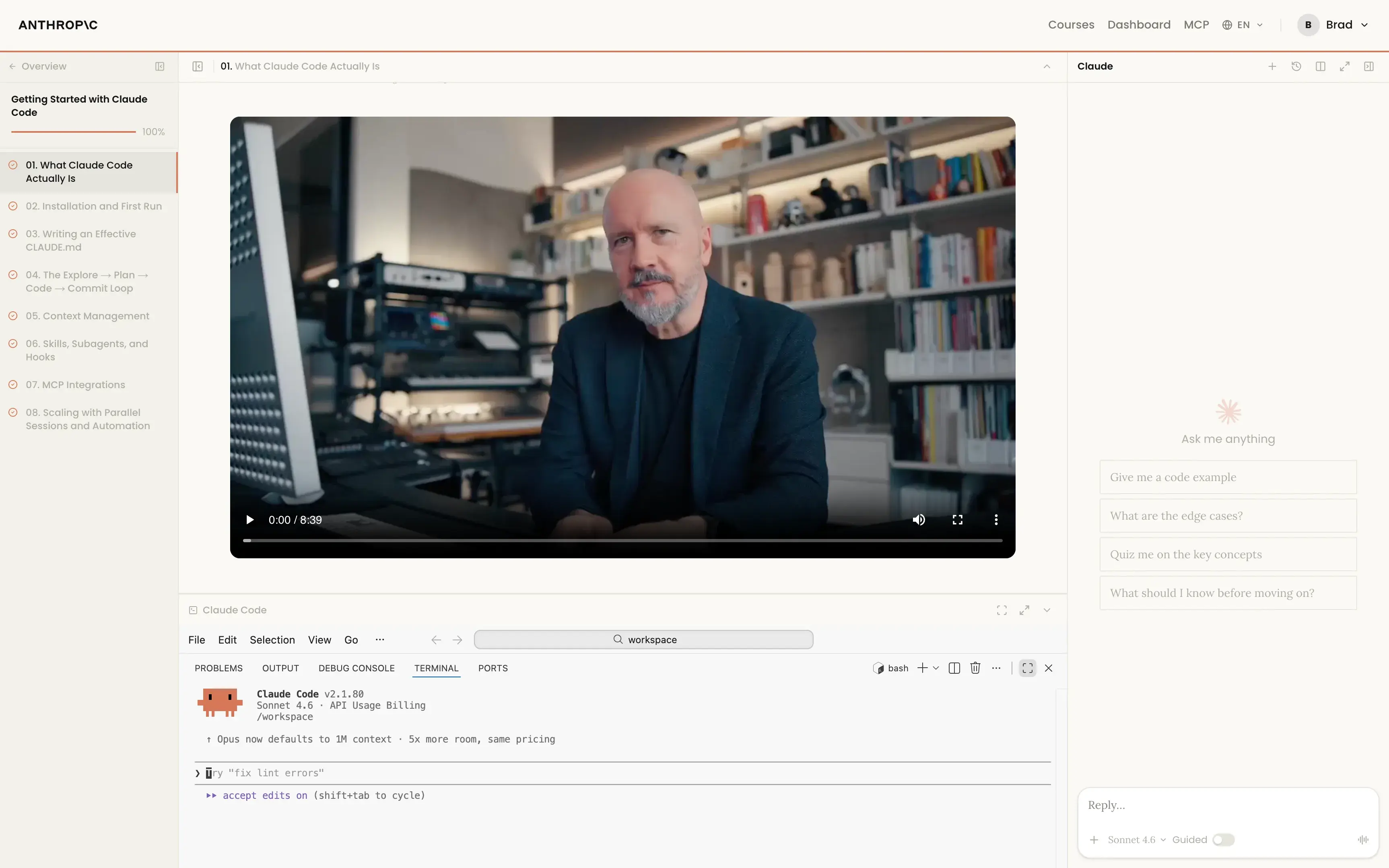 Anthropic Academy lesson player — lesson content, embedded Claude Code terminal, and Claude tutor panel
